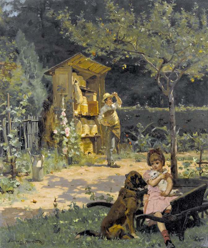 Schilderij: Tuin met imker en spelend meisje van Simon Durand